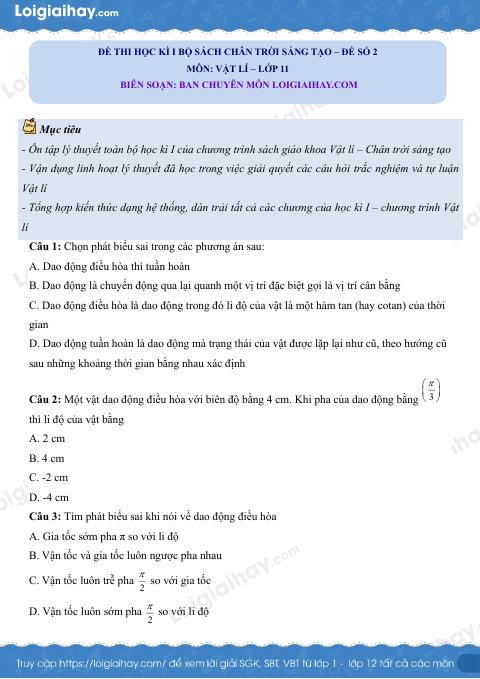 Đề thi học kì 1 Vật lí 11 Chân trời sáng tạo - Đề số 2